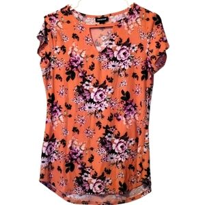Joe Boxer Floral Orange Cap Sleeve Cut Out Blouse Size Large